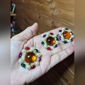 Very Rare Vintage Gold Brooch And Earrings with Amber Glass